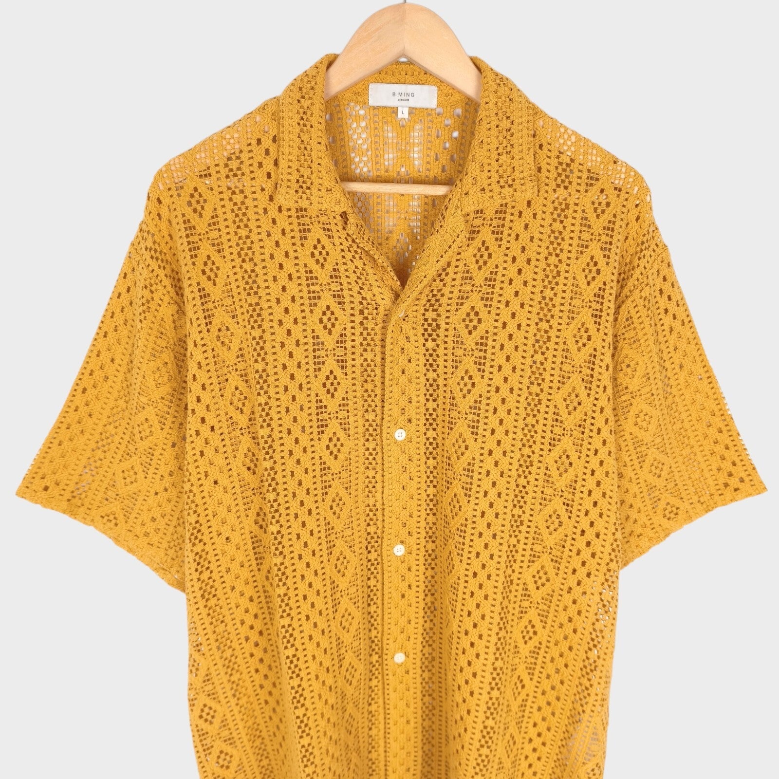 BEAMS B:MING Men's Yellow Crochet Short Sleeved Shirt