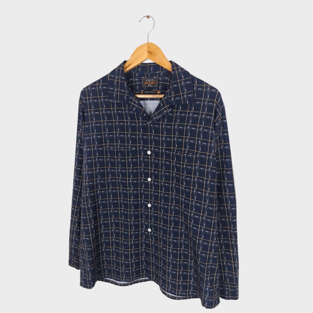 BEAMS PLUS Men's Made in Japan Rayon/Cotton Checked Camp Collar Shirt