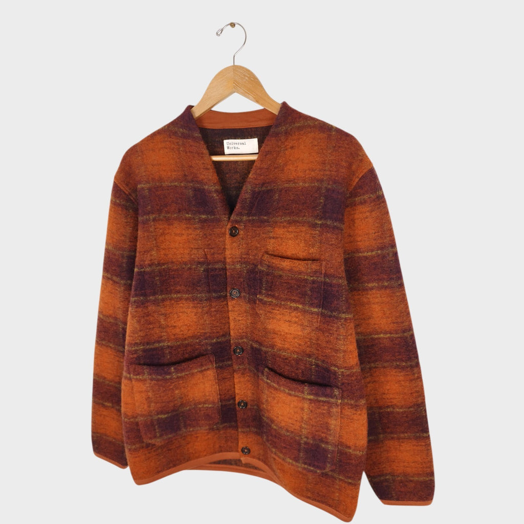UNIVERSAL WORKS Men's Orange Check Wool Fleece Cardigan