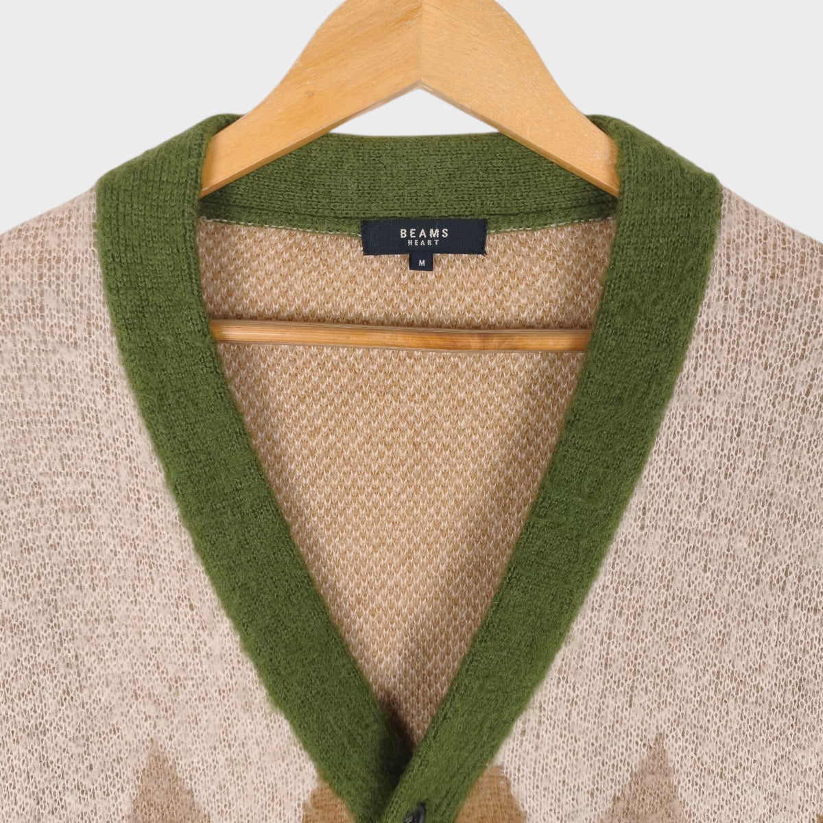 BEAMS HEART Men's Mohair Wool Blend Shaggy Grunge Argyle Cardigan