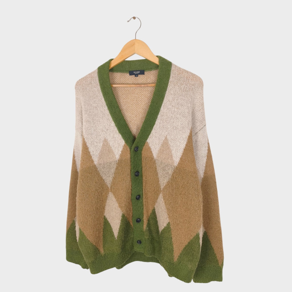 BEAMS HEART Men's Mohair Wool Blend Shaggy Grunge Argyle Cardigan