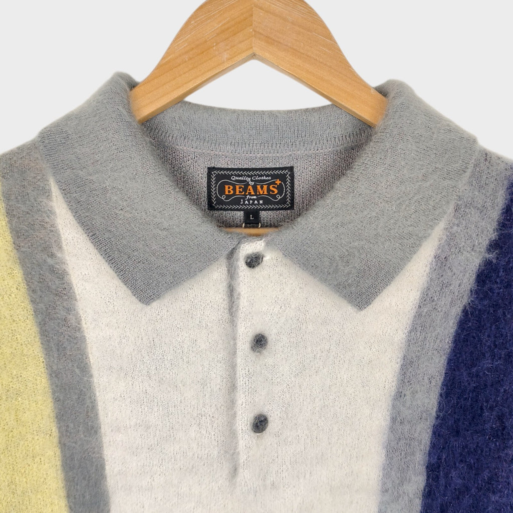 BEAMS PLUS Men's Grey 9 Gauge Shaggy Mohair Blend Polo Shirt Jumper
