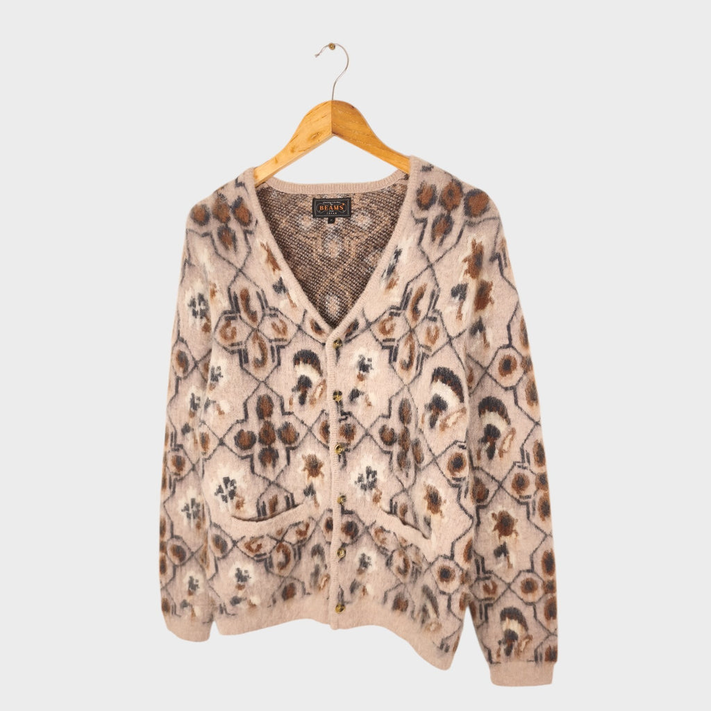 BEAMS PLUS Men's Mohair Blend Shaggy Grunge Ski Club Jacquard Cardigan