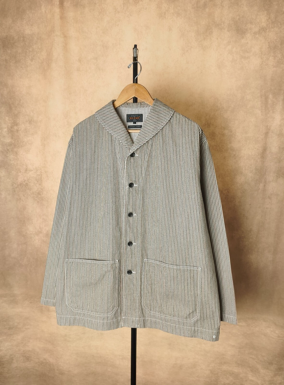 BEAMS PLUS Men's Hickory Striped Military Shawl Collar Jacket