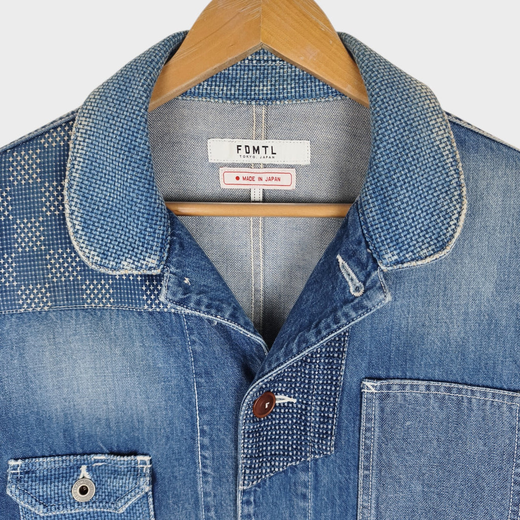 FDMTL Men's Blue Made in Japan Distressed Boro Sashiko Denim Chore Jacket