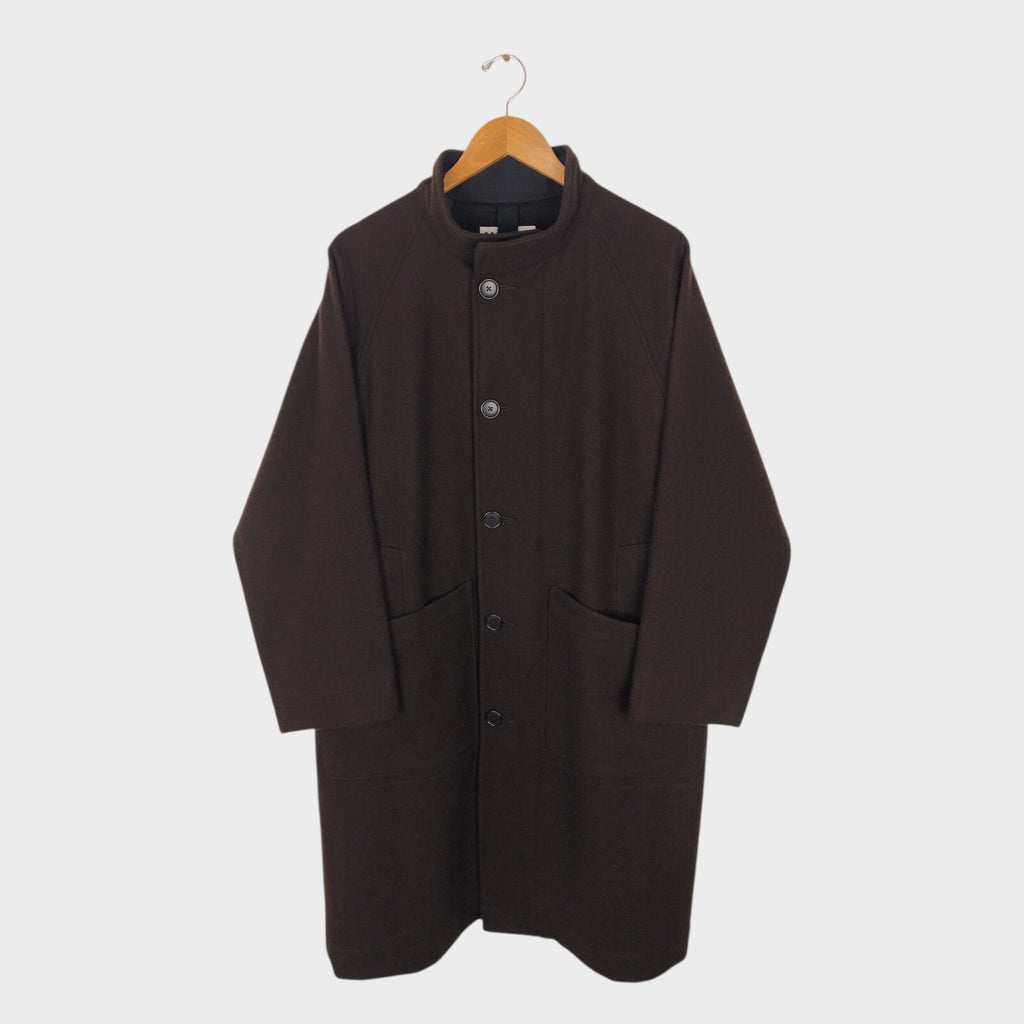 MHL MARGARET HOWELL Men's Brown Heavyweight 100% Melton Wool Stand Collar Coat