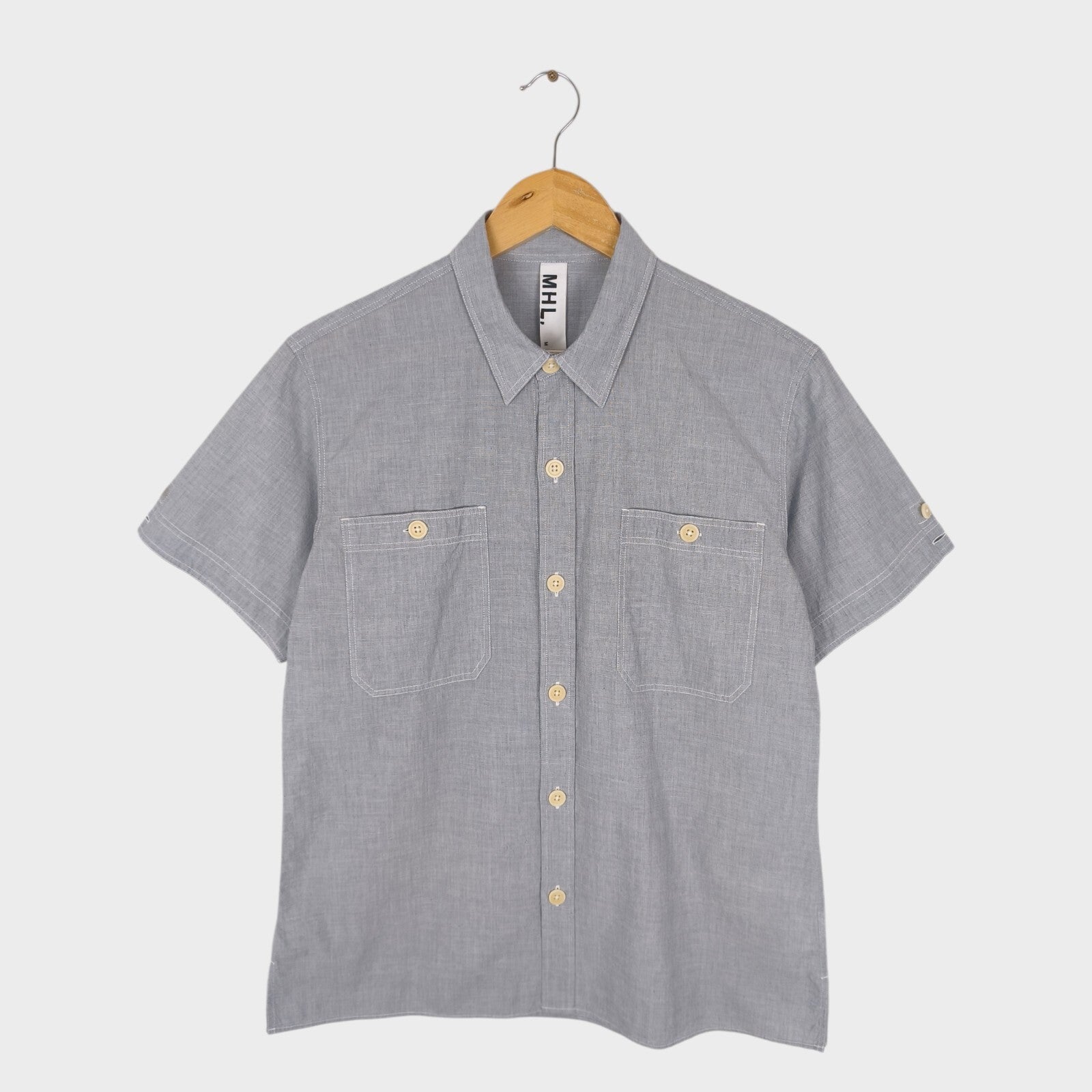 MHL MARGARET HOWELL Men's Light Blue Short Sleeved Utility Shirt