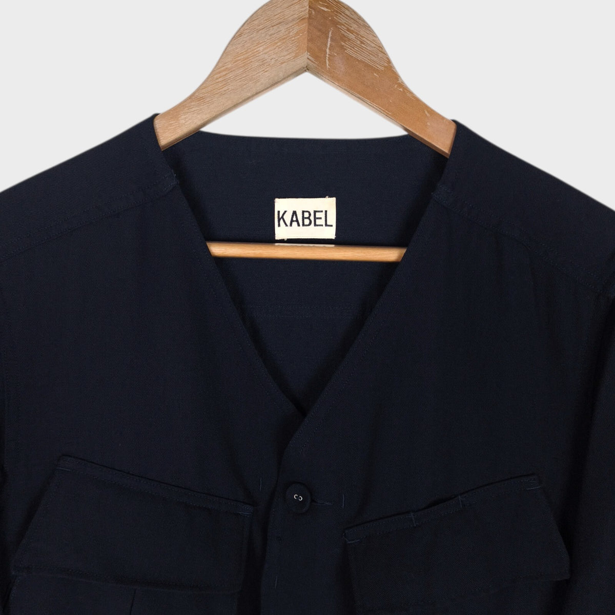 KABEL Men's Navy Blue Made in Japan 100% Wool/Linen V-Neck Utility Jacket