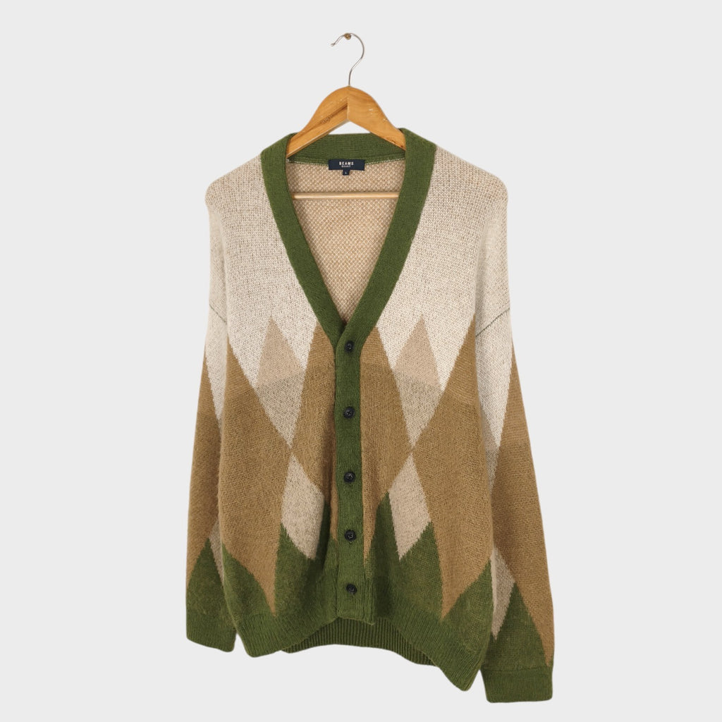 BEAMS HEART Men's Mohair Wool Blend Shaggy Grunge Argyle Cardigan