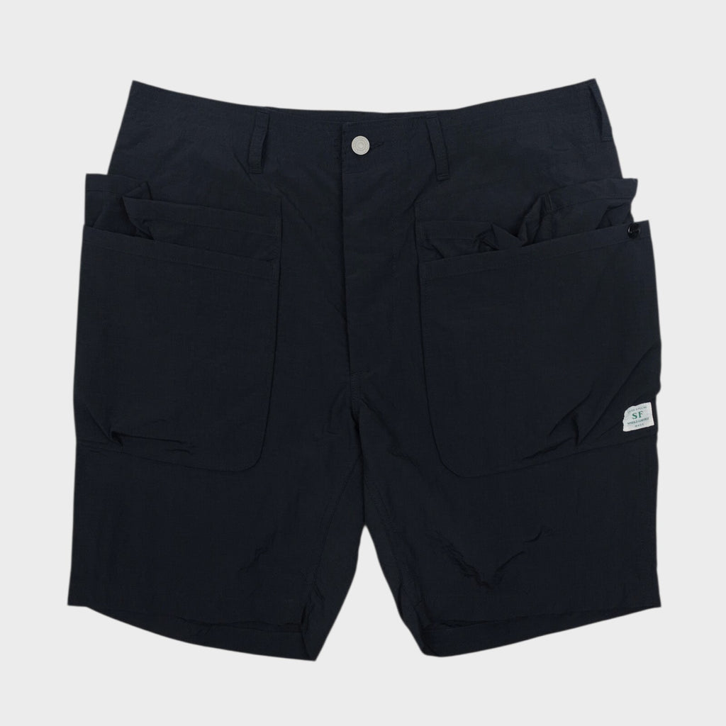 SASSAFRAS Men's Made in Japan Black Whole Hole Nylon Ripstop Cargo Shorts