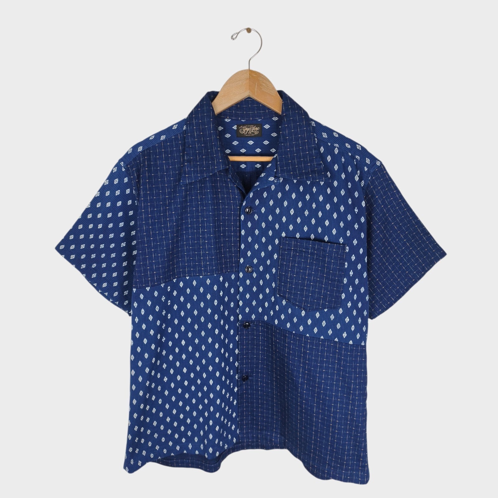 SUGAR CANE Men's Made in Japan Indigo Blue Cord Pique Patchwork Shirt