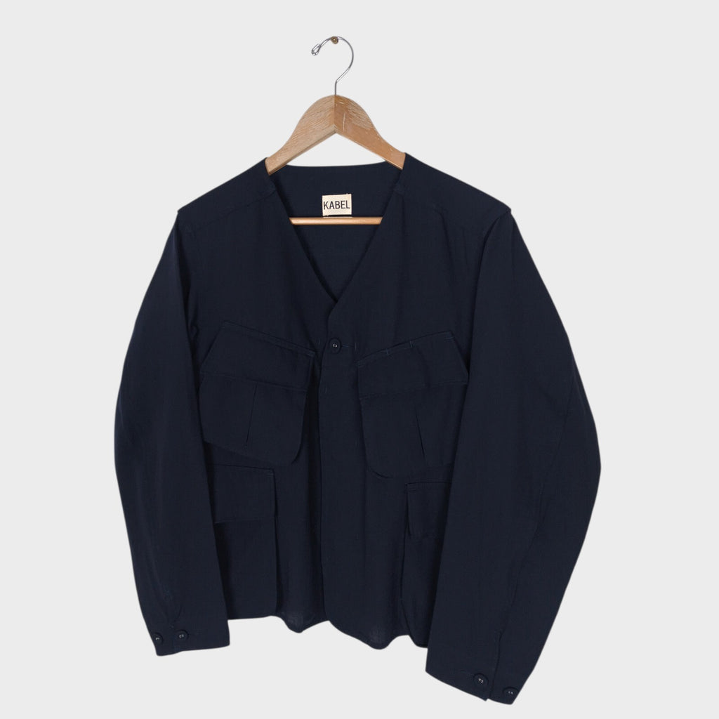 KABEL Men's Navy Blue Made in Japan 100% Wool/Linen V-Neck Utility Jacket