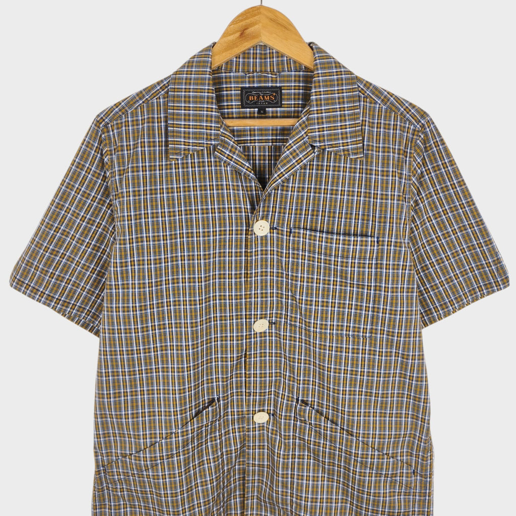 BEAMS PLUS Men's Camp Collar Multi Pocket Short Sleeved Utility Shirt