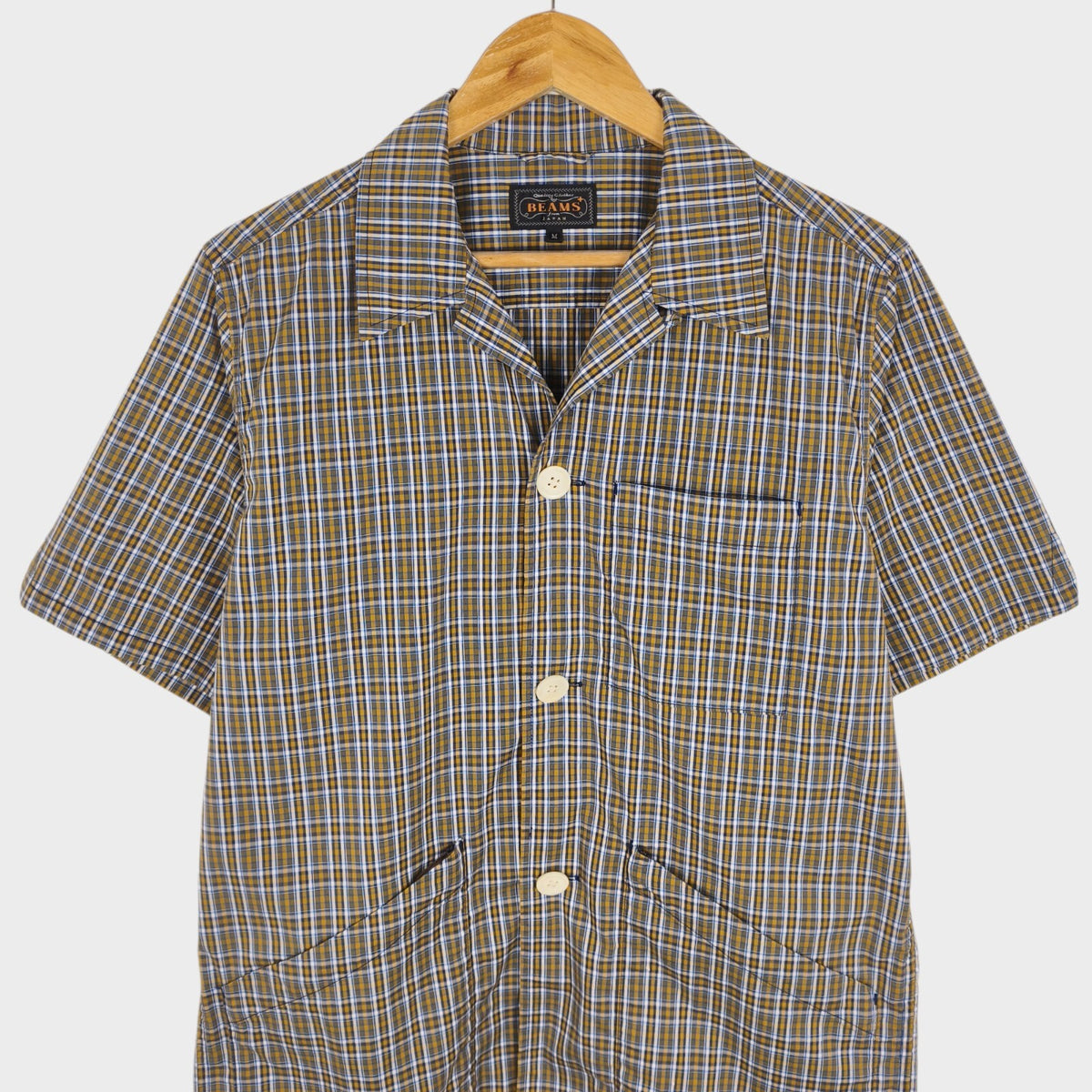 BEAMS PLUS Men's Camp Collar Multi Pocket Short Sleeved Utility Shirt