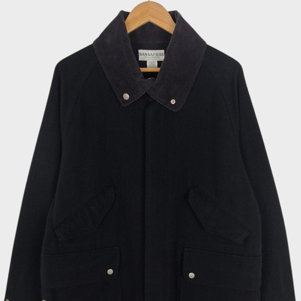 SASSAFRAS Men's Made in Japan Black Wool Blend Fall Leaf Tube Coat Jacket