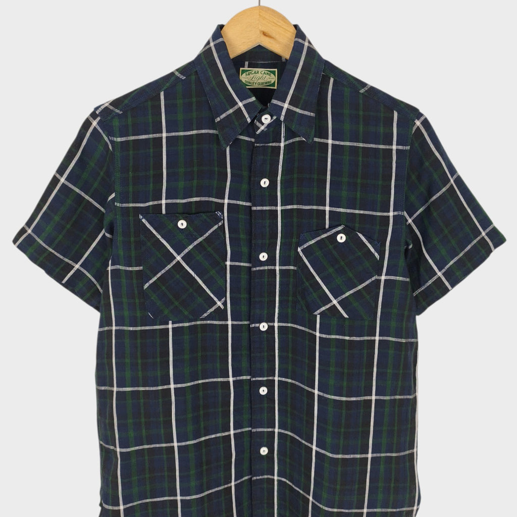 SUGAR CANE Men's Made in Japan Checked 100% Linen Short Sleeved Shirt