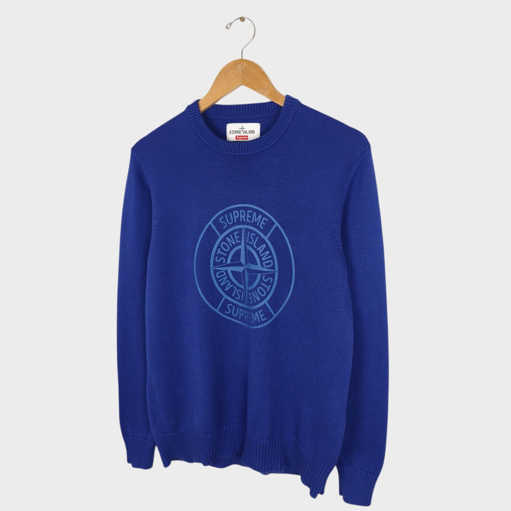 STONE ISLAND x SUPREME Men's Blue Cotton Reflective Compass Knit Jumper
