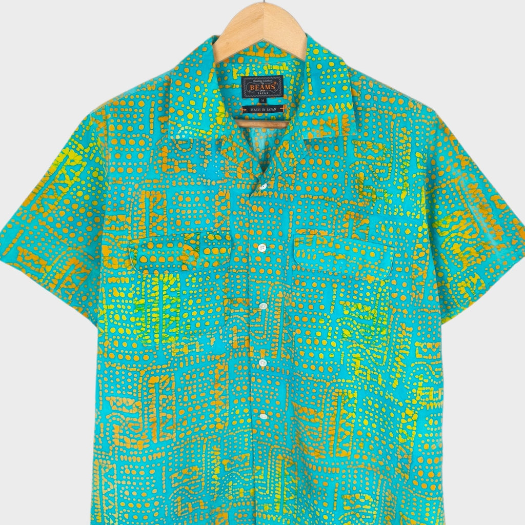BEAMS PLUS Men's Made in Japan Batik Print Camp Collar Vacation Shirt