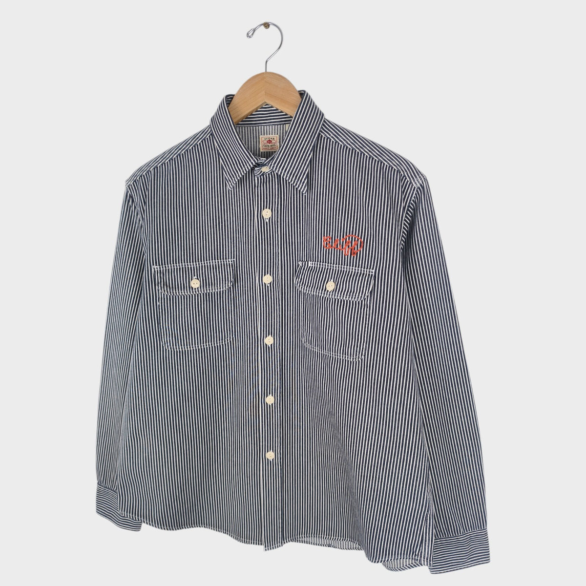 SUGAR CANE Men's Made in Japan Hickory Stripe Chain Stitch Embroidered Shirt