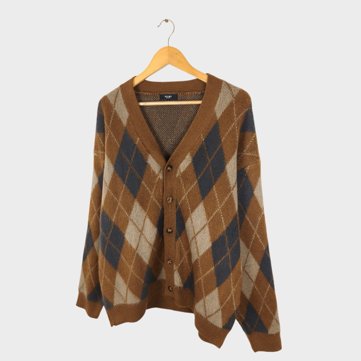 BEAMS HEART Men's Brown Shaggy Grunge Argyle Cardigan
