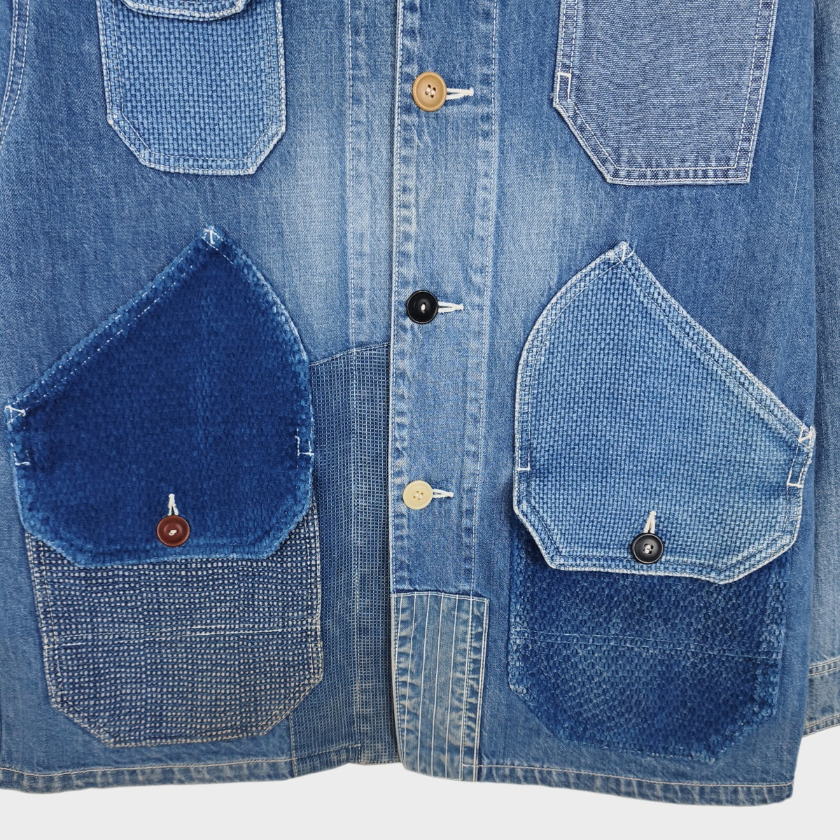 FDMTL Men's Blue Made in Japan Distressed Boro Sashiko Denim Chore Jacket