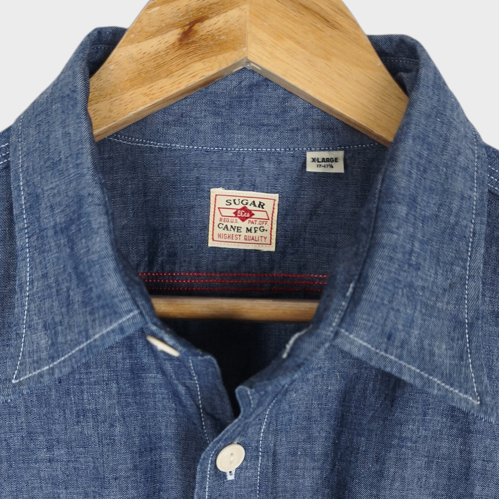 SUGAR CANE Men's Made in Japan Blue Chambray Short Sleeved Shirt