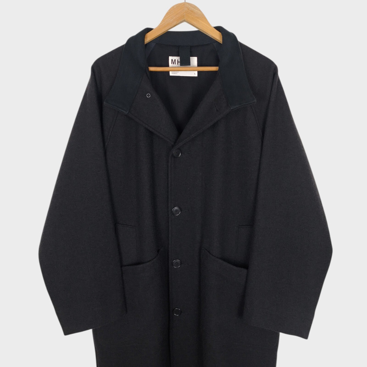 MHL MARGARET HOWELL Men's Grey Heavyweight 100% Melton Wool Stand Collar Coat
