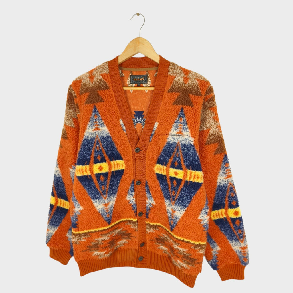BEAMS PLUS Men's Navajo Fleece Jacquard Pattern Cardigan