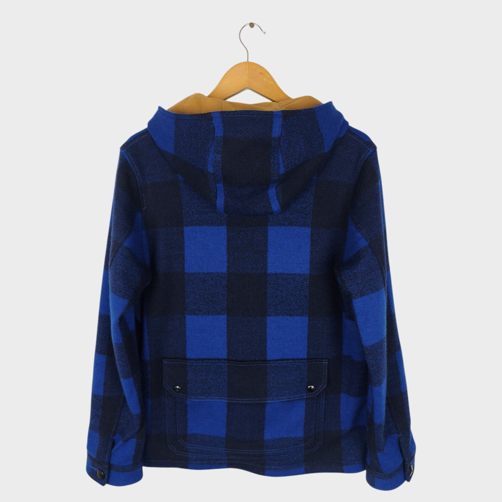 BEAMS PLUS Men's 100% Wool Blue Check Hooded Mackinaw Cruiser Jacket