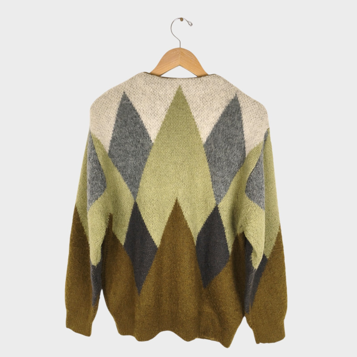 BEAMS Men's Argyle Wool Blend Shaggy Grunge Cardigan