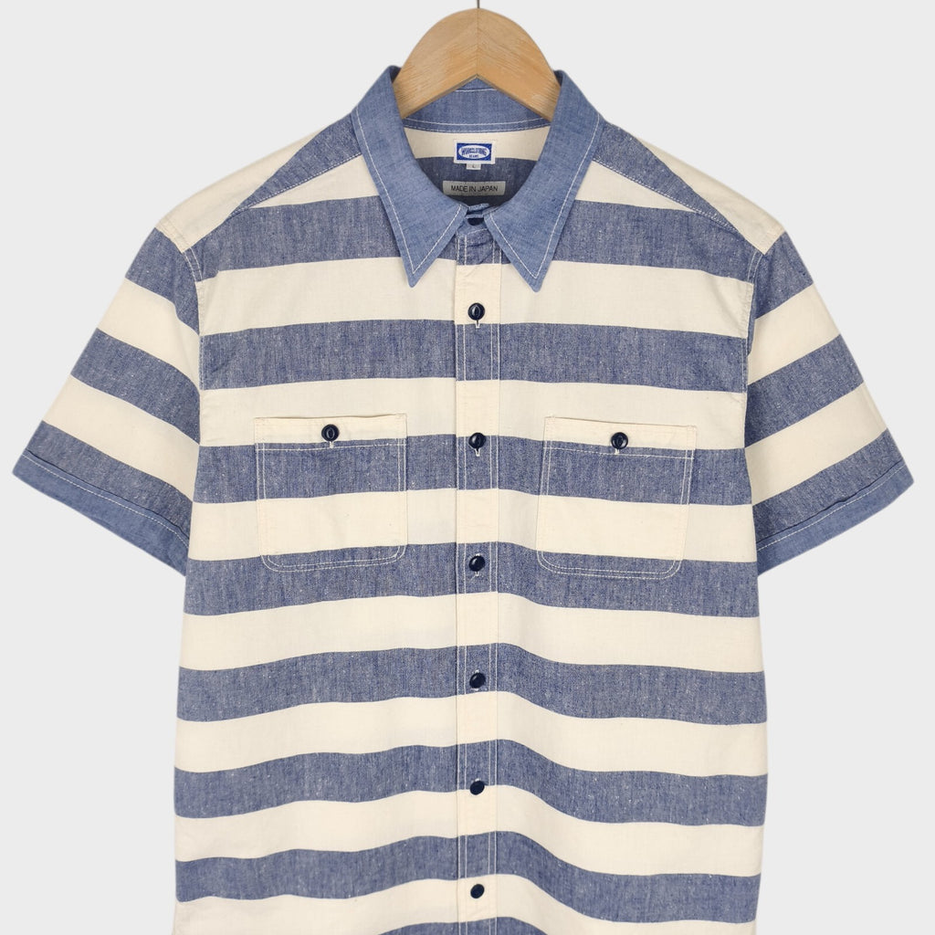 BEAMS WORK CLOTHING Men's Made in Japan Ecru/Blue Striped Short Sleeved Shirt
