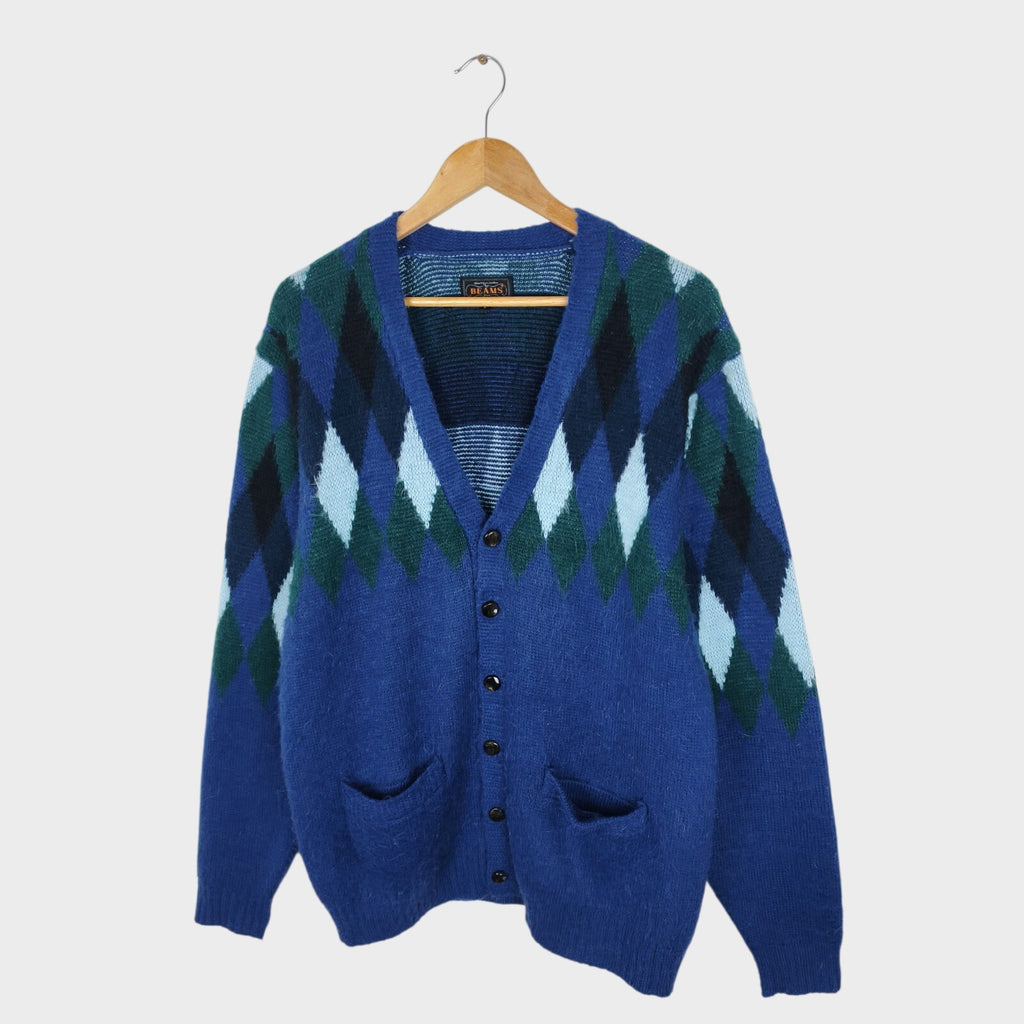 BEAMS PLUS Men's Mohair Blend Shaggy Grunge Argyle Cardigan