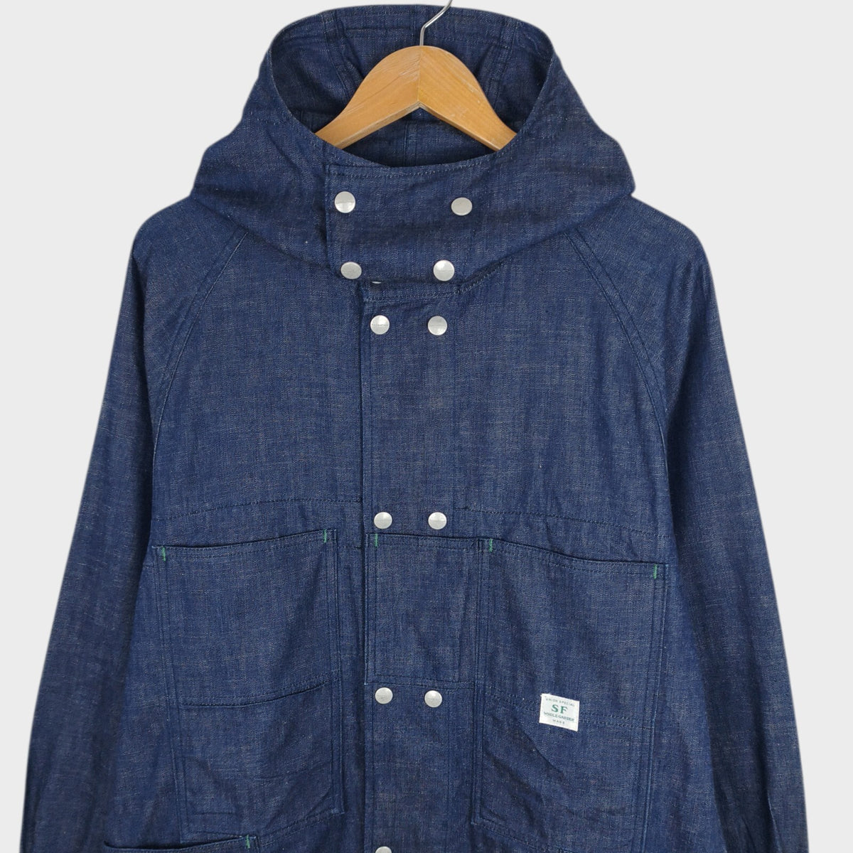 SASSAFRAS Men's Made in Japan Blue Denim Blower Bud Parka Jacket
