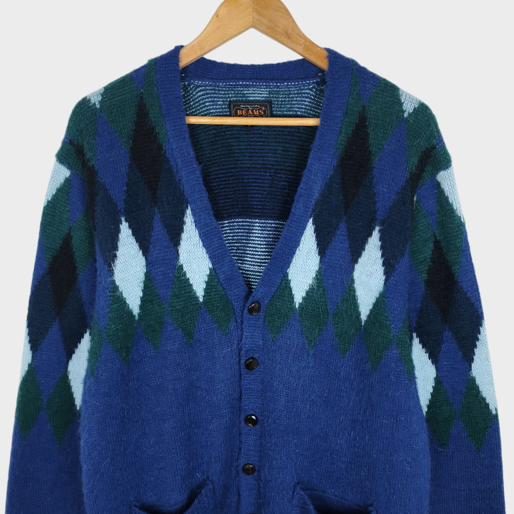 BEAMS PLUS Men's Mohair Blend Shaggy Grunge Argyle Cardigan