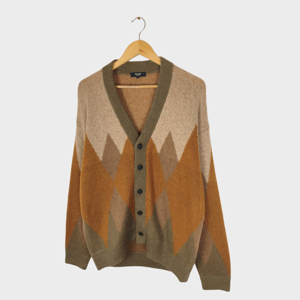 BEAMS HEART Men's Mohair Wool Blend Shaggy Grunge Argyle Cardigan