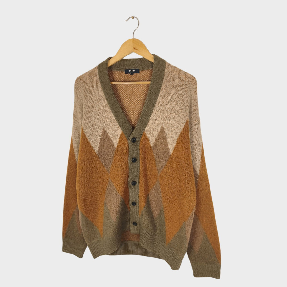 BEAMS HEART Men's Mohair Wool Blend Shaggy Grunge Argyle Cardigan