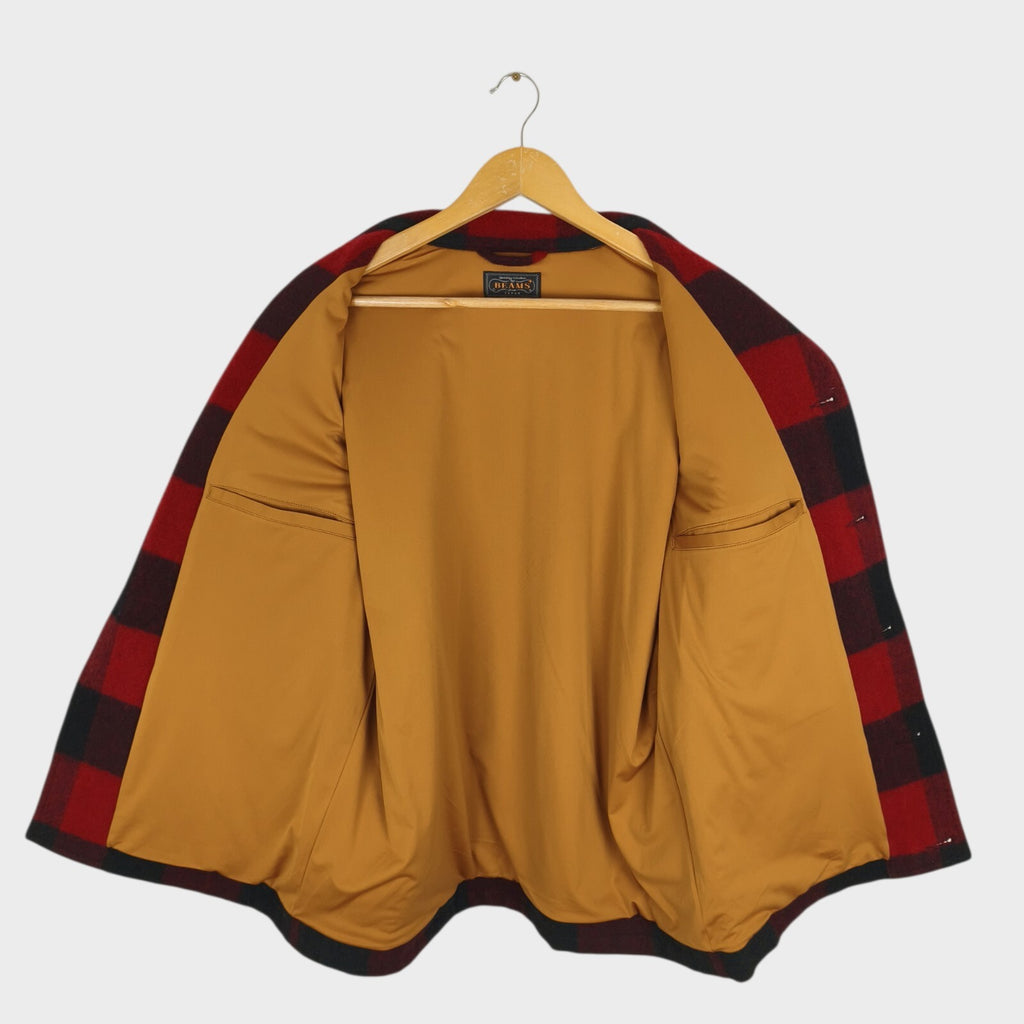 BEAMS PLUS Men's Red/Black Buffalo Wool Blend Check Mackinaw Cruiser Jacket