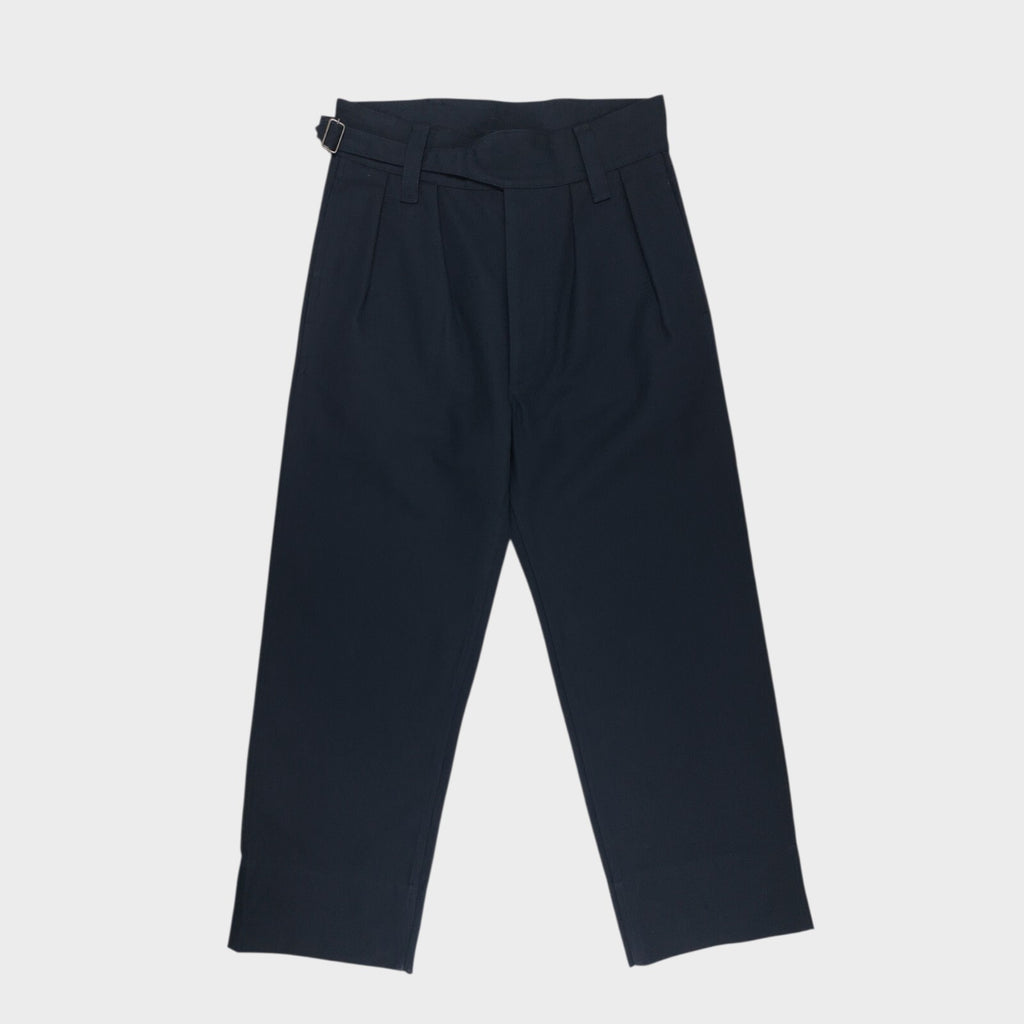 MHL MARGARET HOWELL Men's Navy Blue 60/40 Cotton Wool Blend Pleated High Waist Trousers
