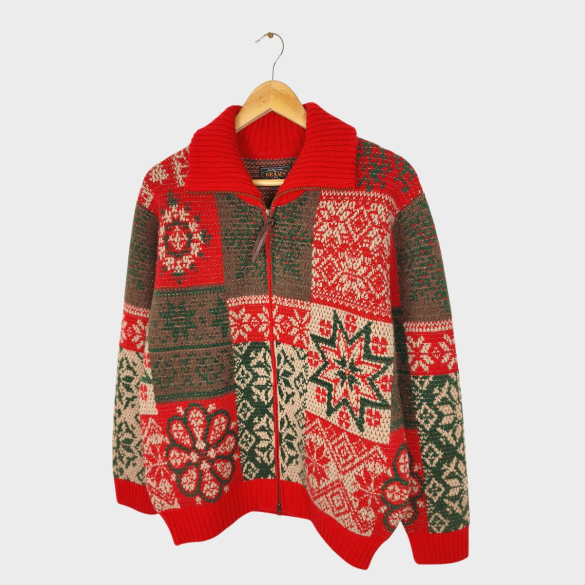 BEAMS PLUS Men's Red 100% Heavyweight Wool Jacquard Patchwork Jacket
