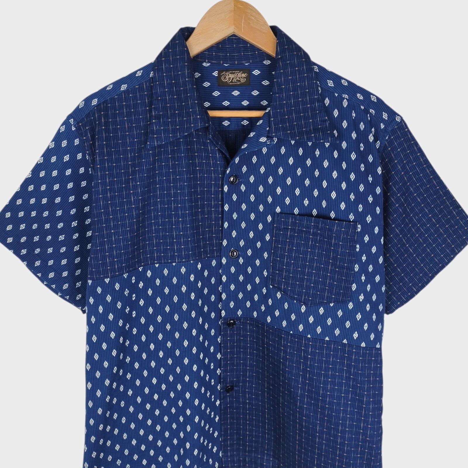 SUGAR CANE Men's Made in Japan Indigo Blue Cord Pique Patchwork Shirt