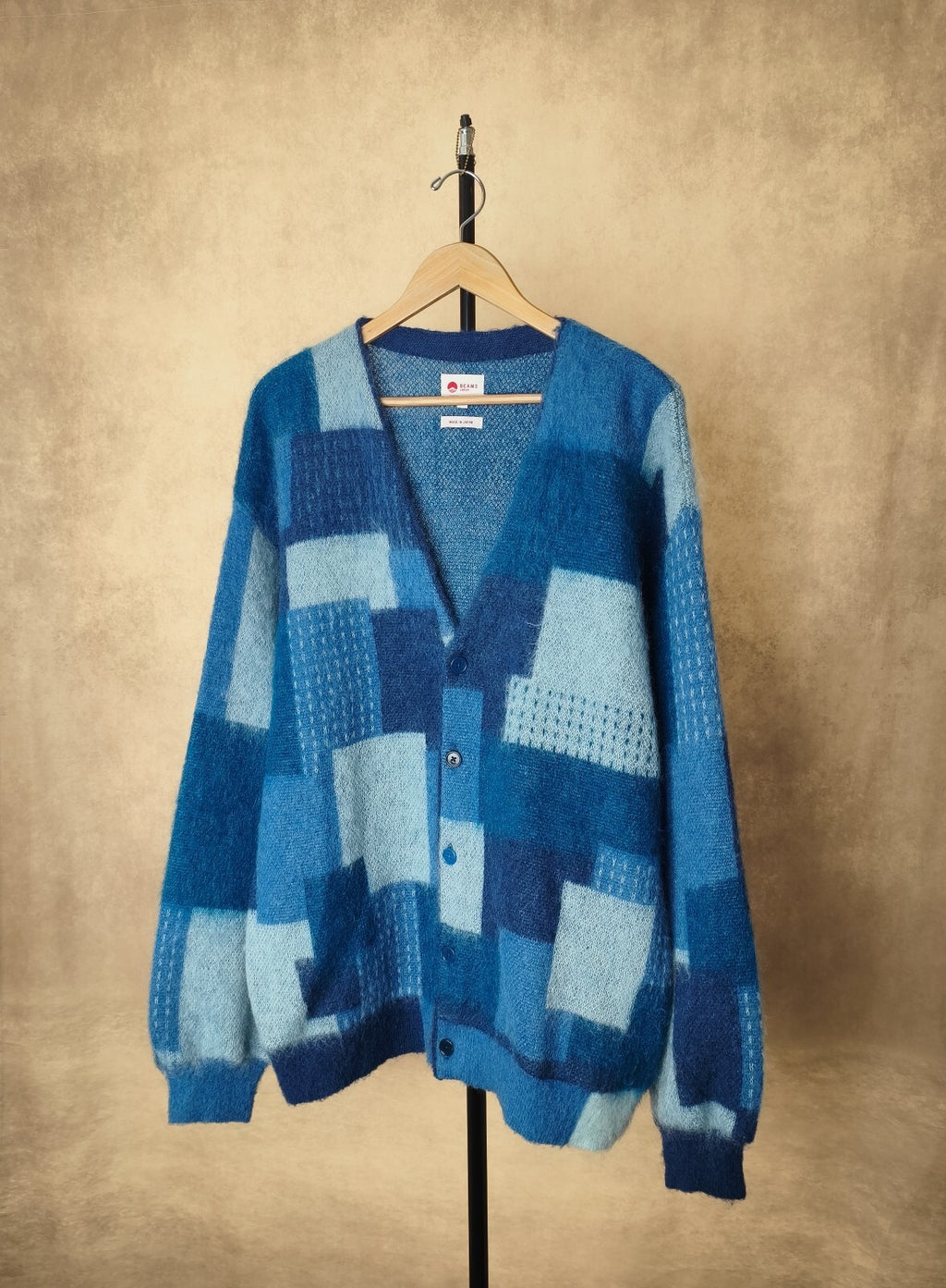 BEAMS JAPAN Men's Made in Japan Blue Boro Jacquard Shaggy Mohair Cardigan