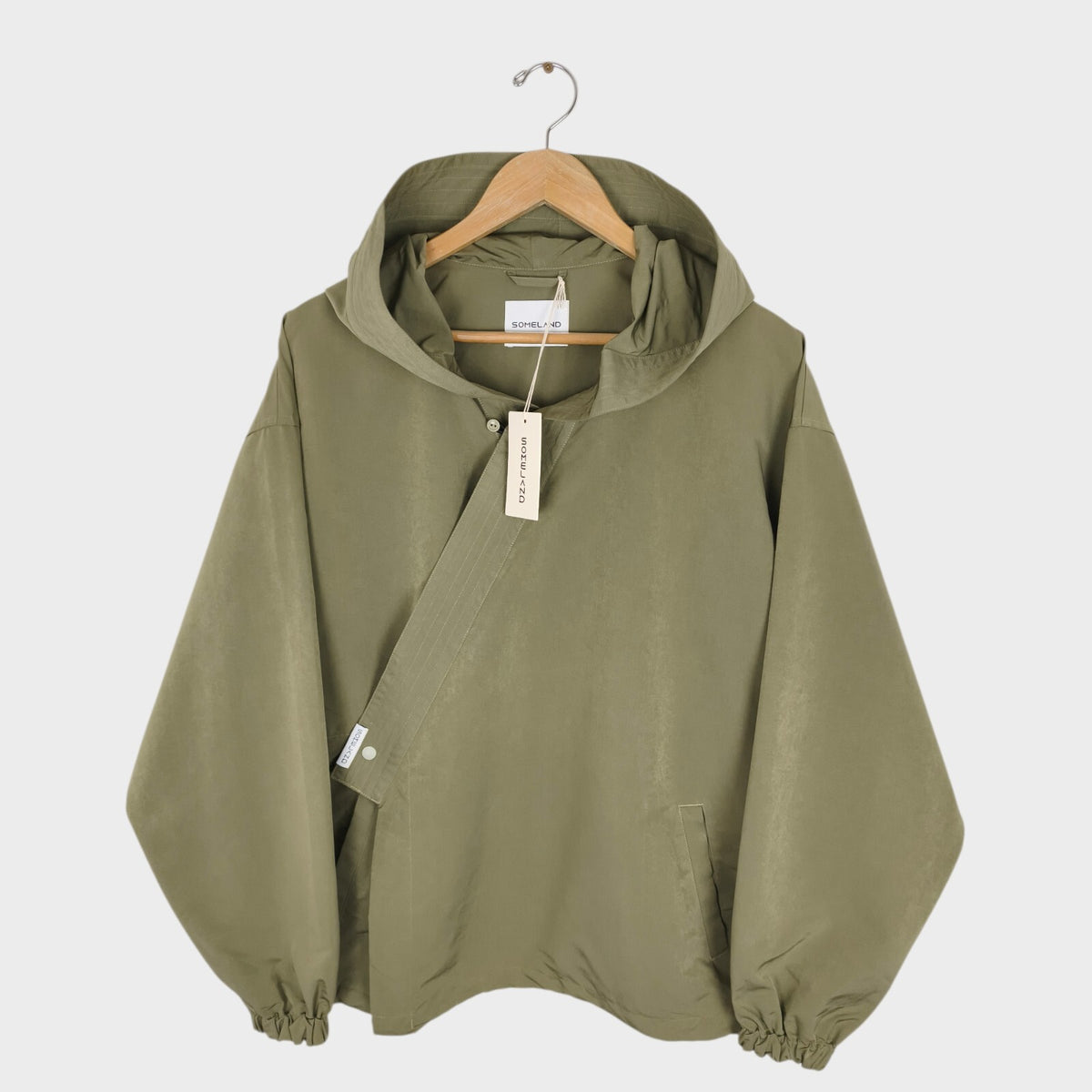 SOMELAND Men's Made in Japan Green Y-Collar Water Repellent Hooded Kimono Jacket