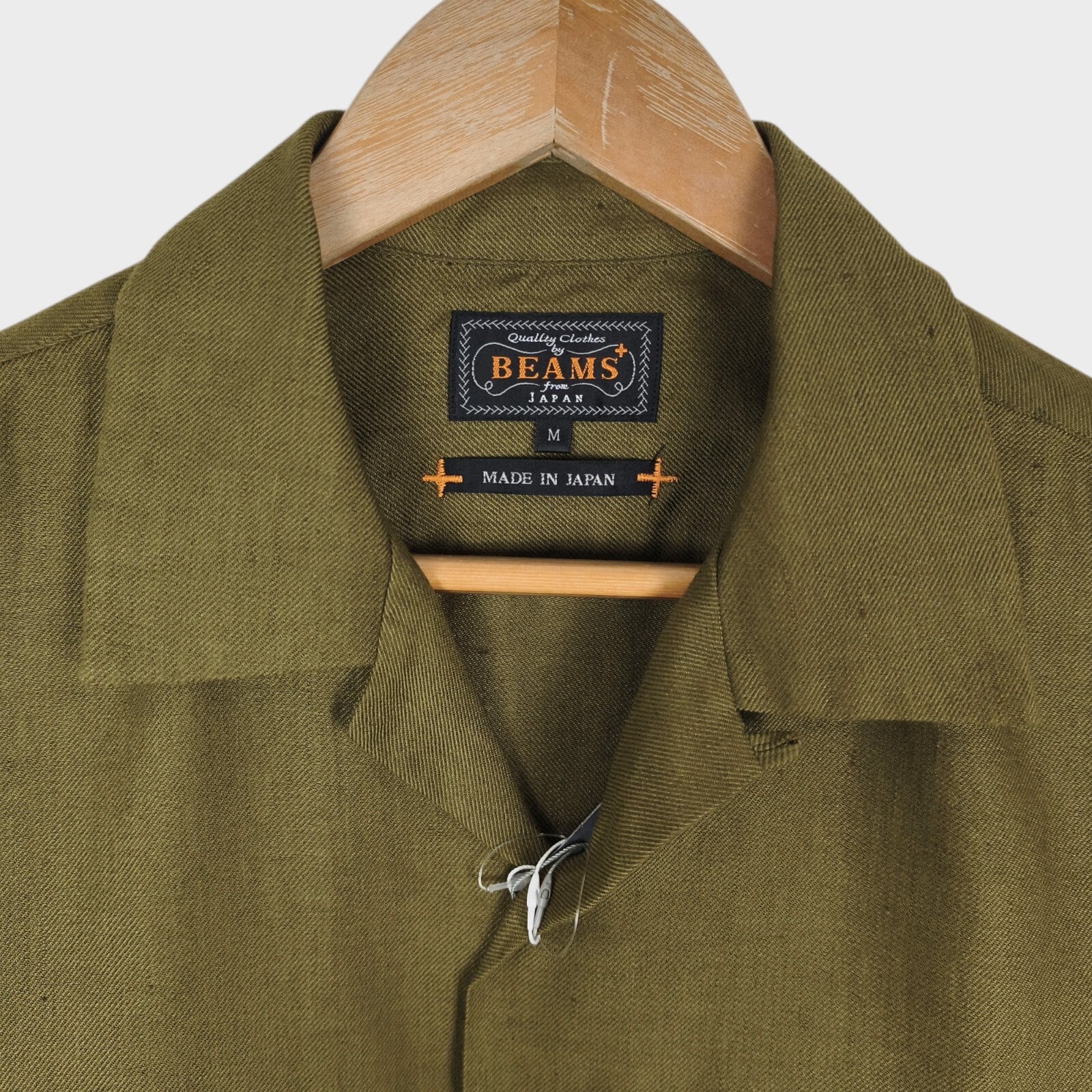 BEAMS PLUS Men's Made in Japan Olive Green Linen Blend Camp Collar Shirt
