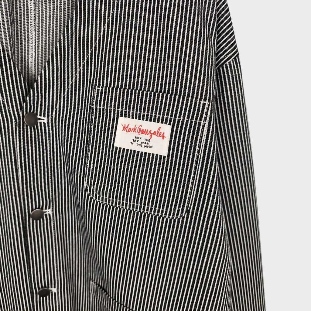 MARK GONZALES Men's Oversized Fit Hickory Stripe V-Neck Engineer Chore Jacket