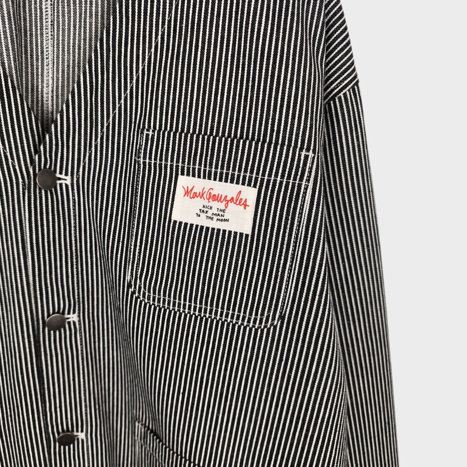 MARK GONZALES Men's Oversized Fit Hickory Stripe V-Neck Engineer Chore Jacket