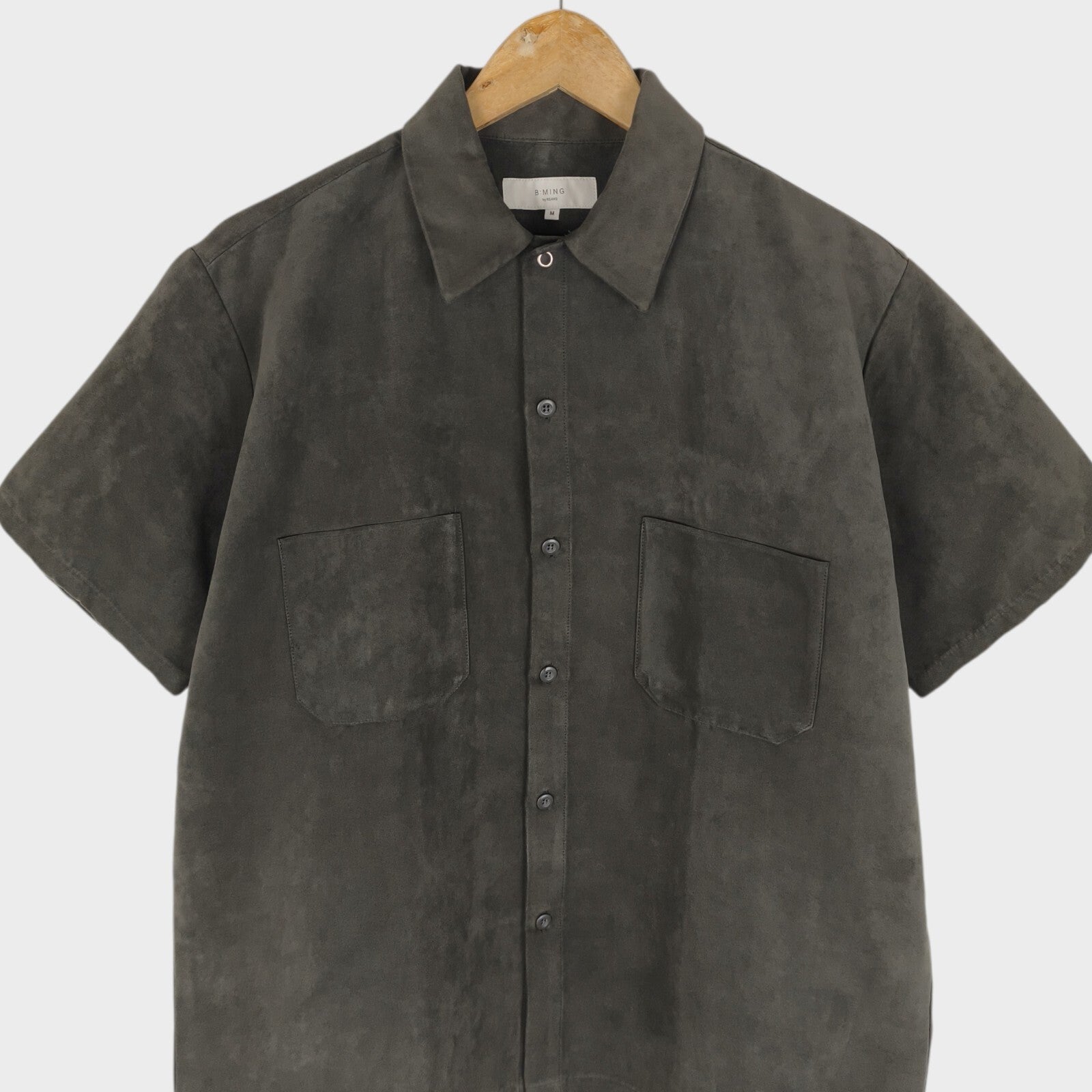 BEAMS B:MING Men's Dark Grey Faux Suede Short Sleeved Shirt