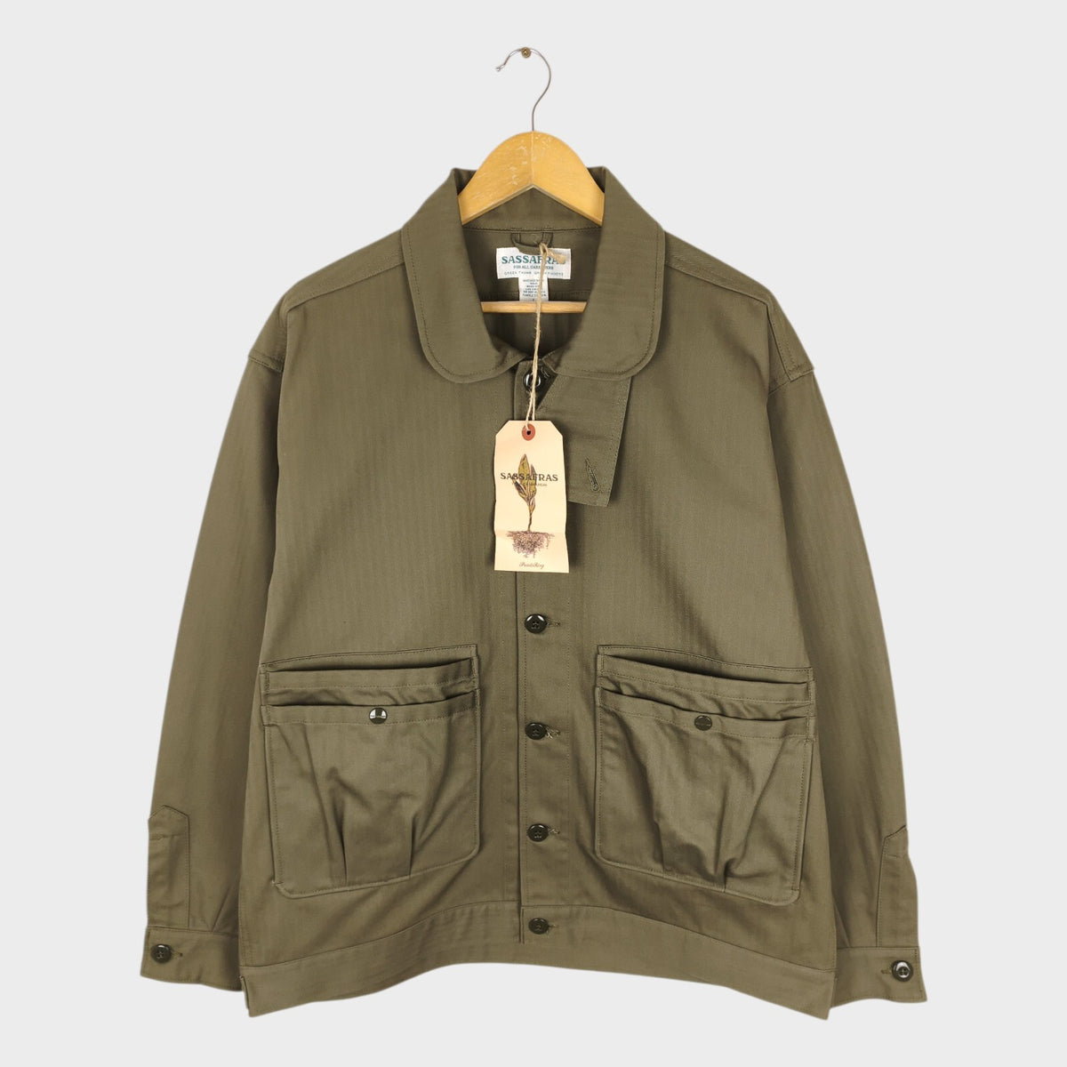 SASSAFRAS Men's Made in Japan Green Herringbone Overgrown Trug Jacket