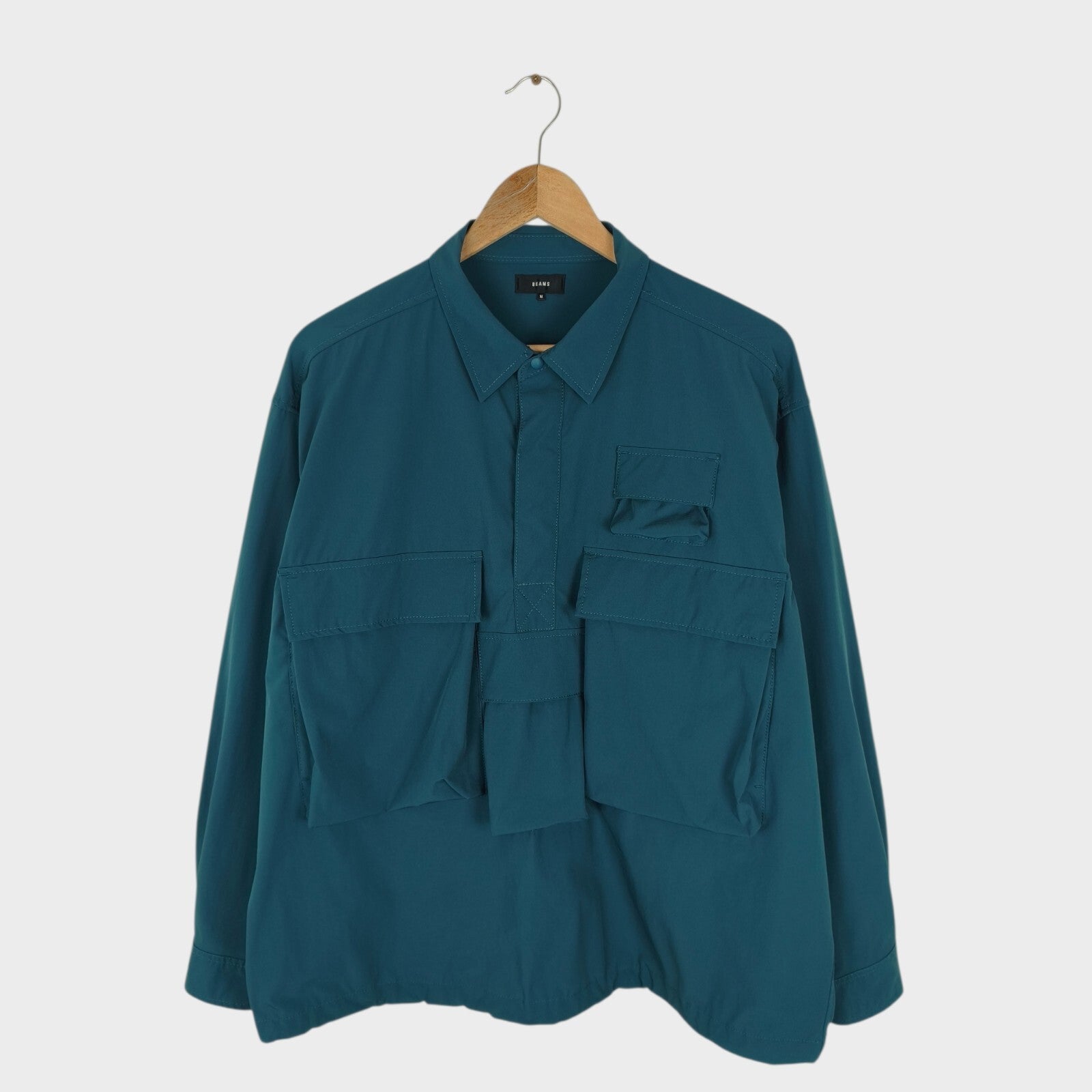 BEAMS Men's Teal Oversized Fit Utility Pullover Action Overshirt