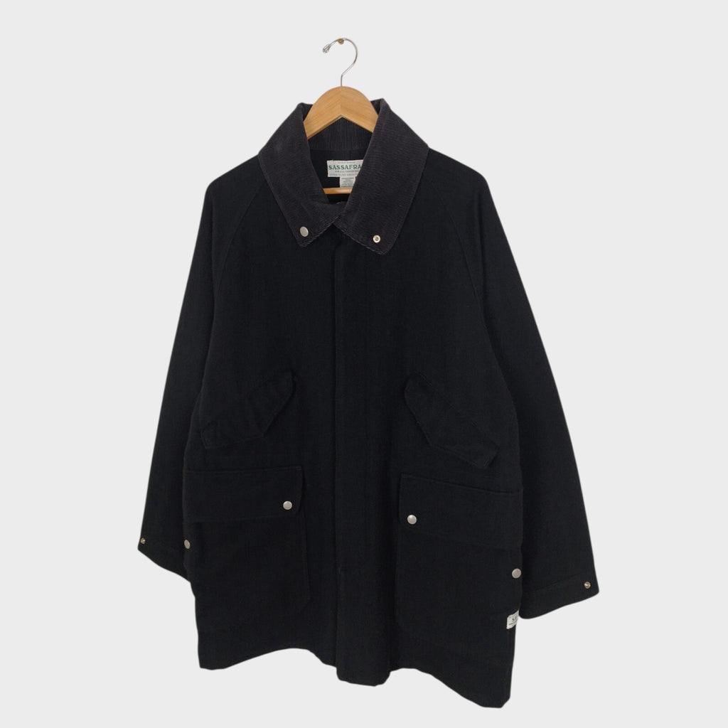 SASSAFRAS Men's Made in Japan Black Wool Blend Fall Leaf Tube Coat Jacket