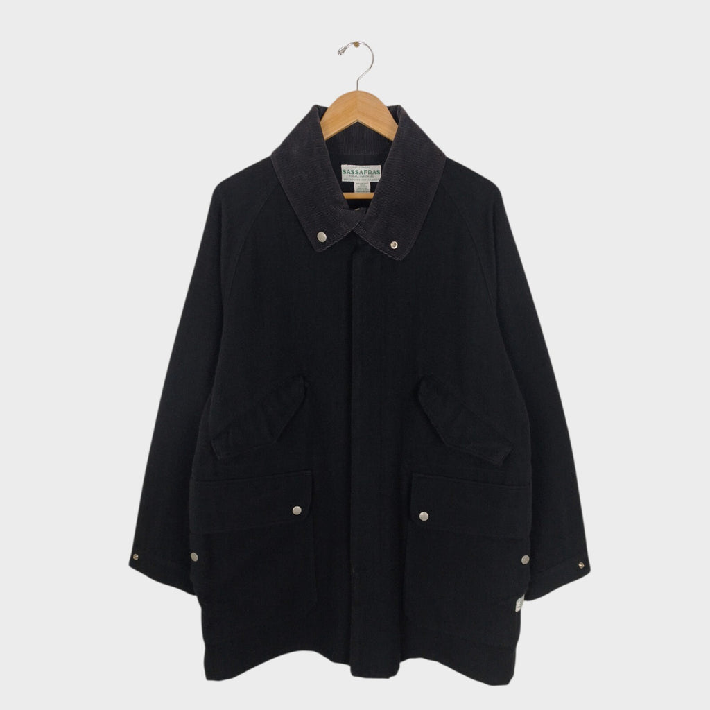 SASSAFRAS Men's Made in Japan Black Wool Blend Fall Leaf Tube Coat Jacket